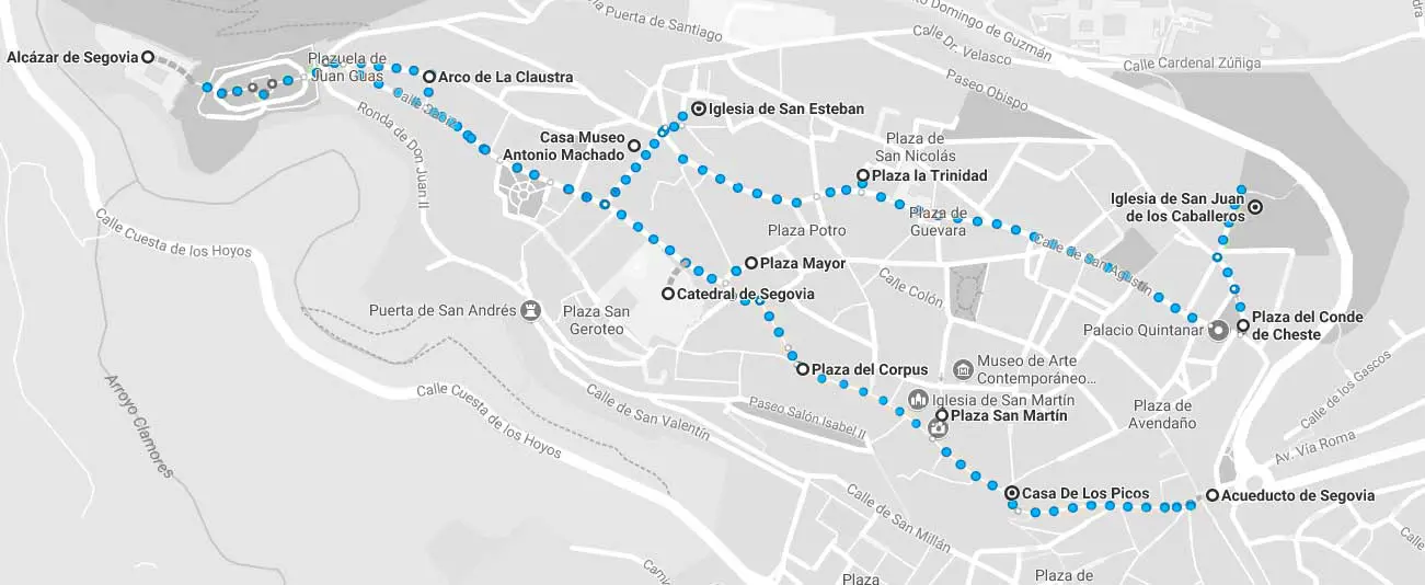 plano del recorrido a realizar en Segovia intramuros.