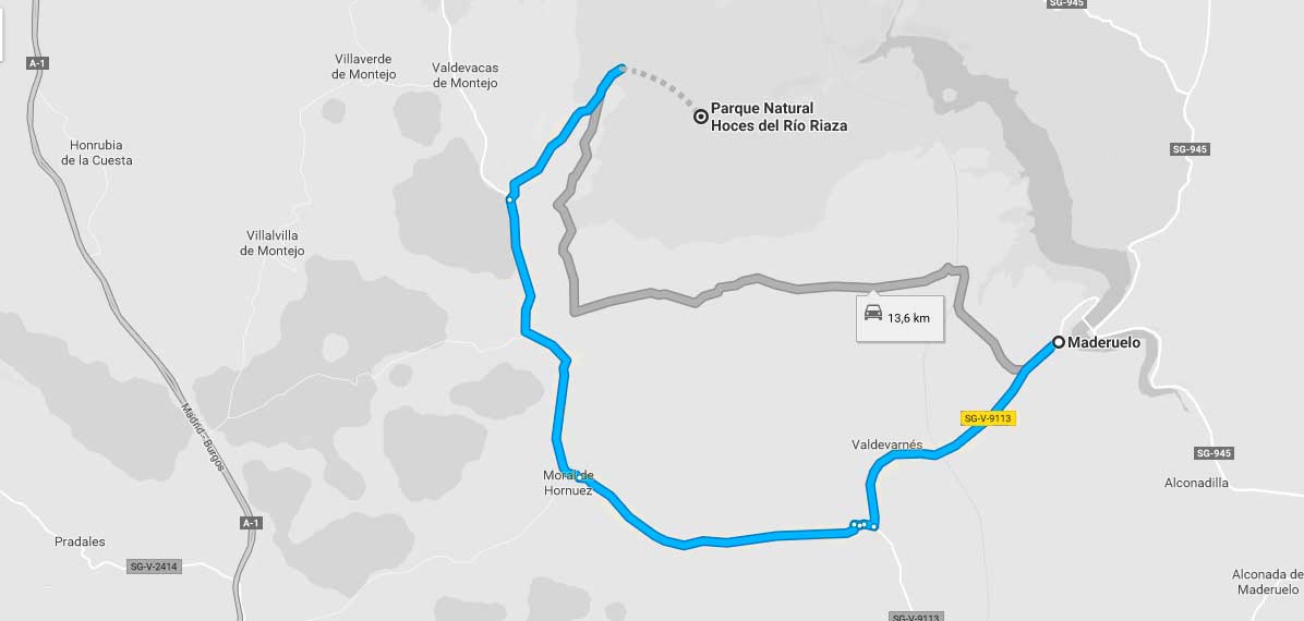 "Mapa de la distancia de Maderuelo a Hoces del río Riaza."