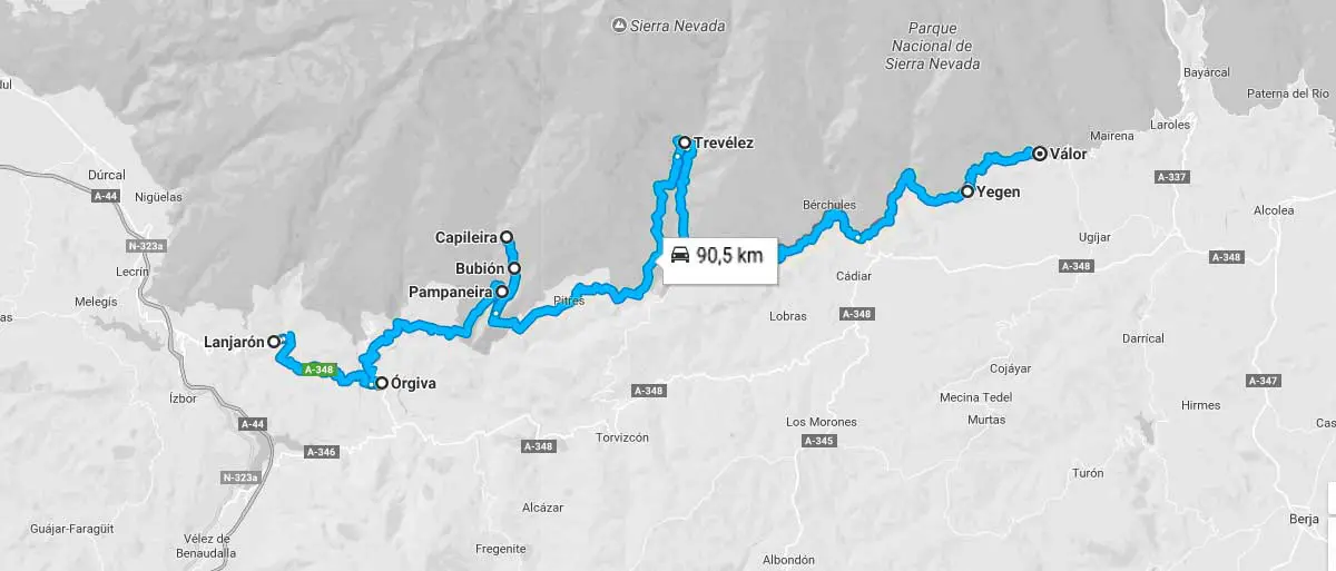 Mapa de la ruta a realizar por la Alpujarra Granadina