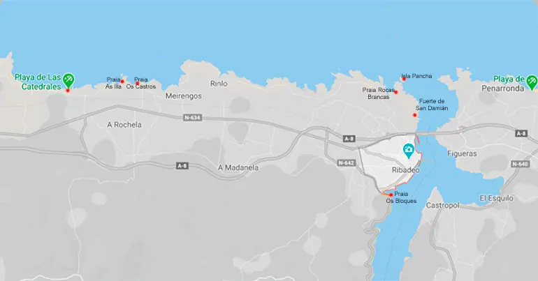 Mapa de las visitas a realizar en Ribadeo y sus alrededores