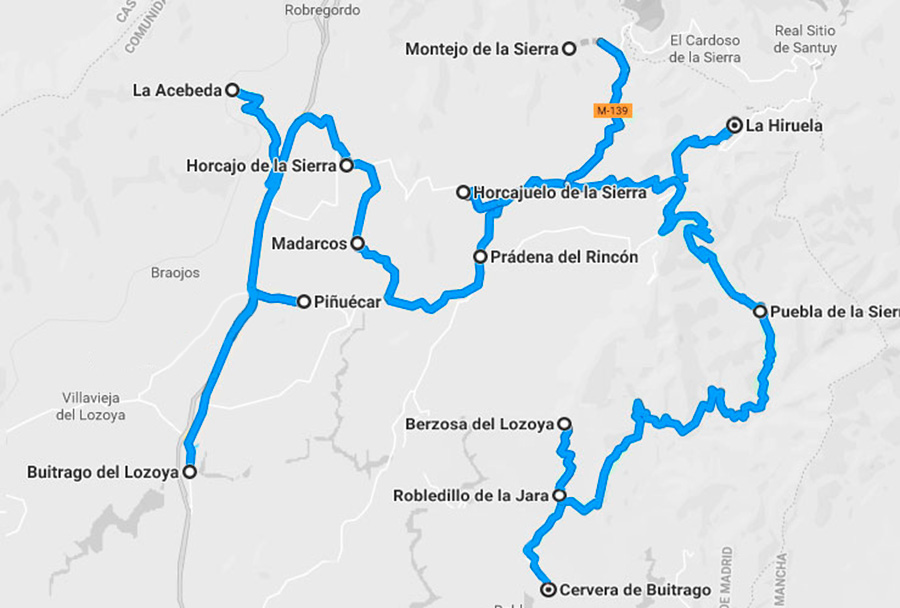 Plano del recorrido a realizar por los pueblos de la Sierra Norte de Madrid