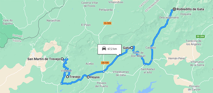 Ruta a realizar por los pueblos más turísticos de la Sierra de Gata